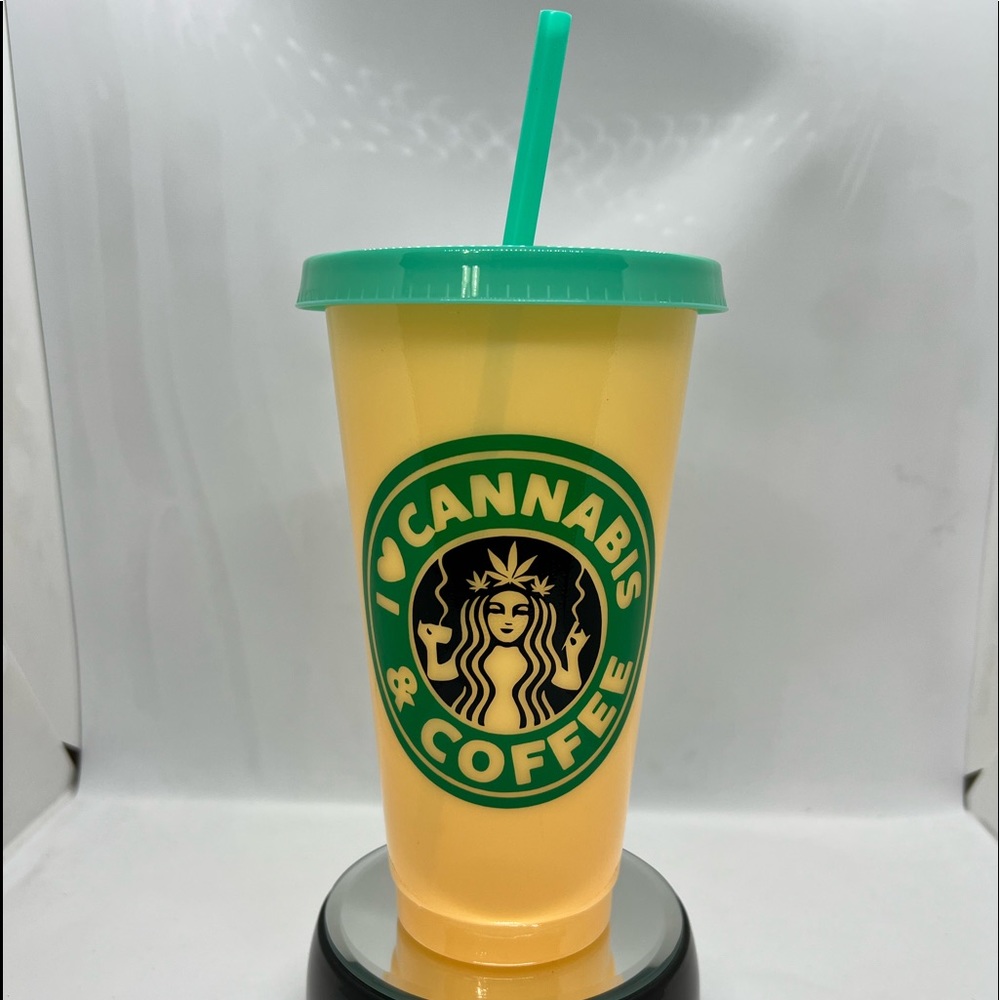 Color Changing Cold Cup 24oz 709ml I HEART CANNABIS & COFFEE NWOT